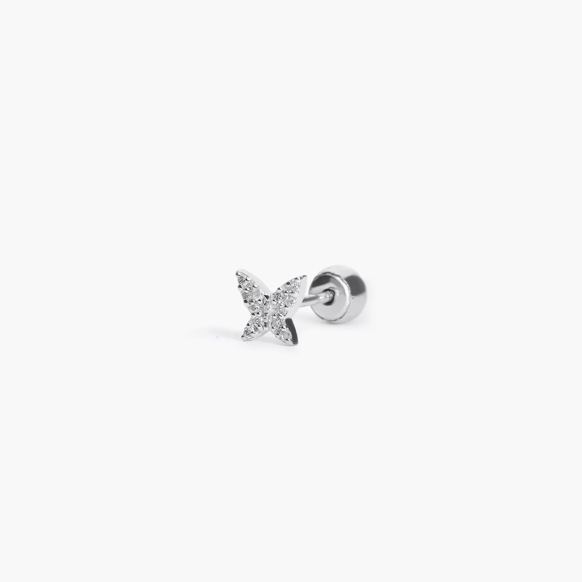 Piercing de oreja de oro blanco 18K diamante natural 0.05 ct. mariposa 4 mm