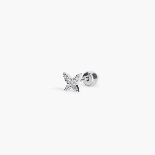 Piercing de oreja de oro blanco 18K diamante natural 0.05 ct. mariposa 4 mm