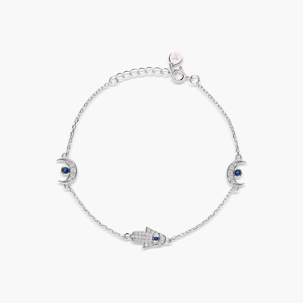 Pulsera de plata 1ª ley circonitas mano de Fátima y luna 17-19 cm