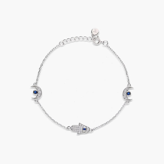 Pulsera de plata 1ª ley circonitas mano de Fátima y luna 17-19 cm