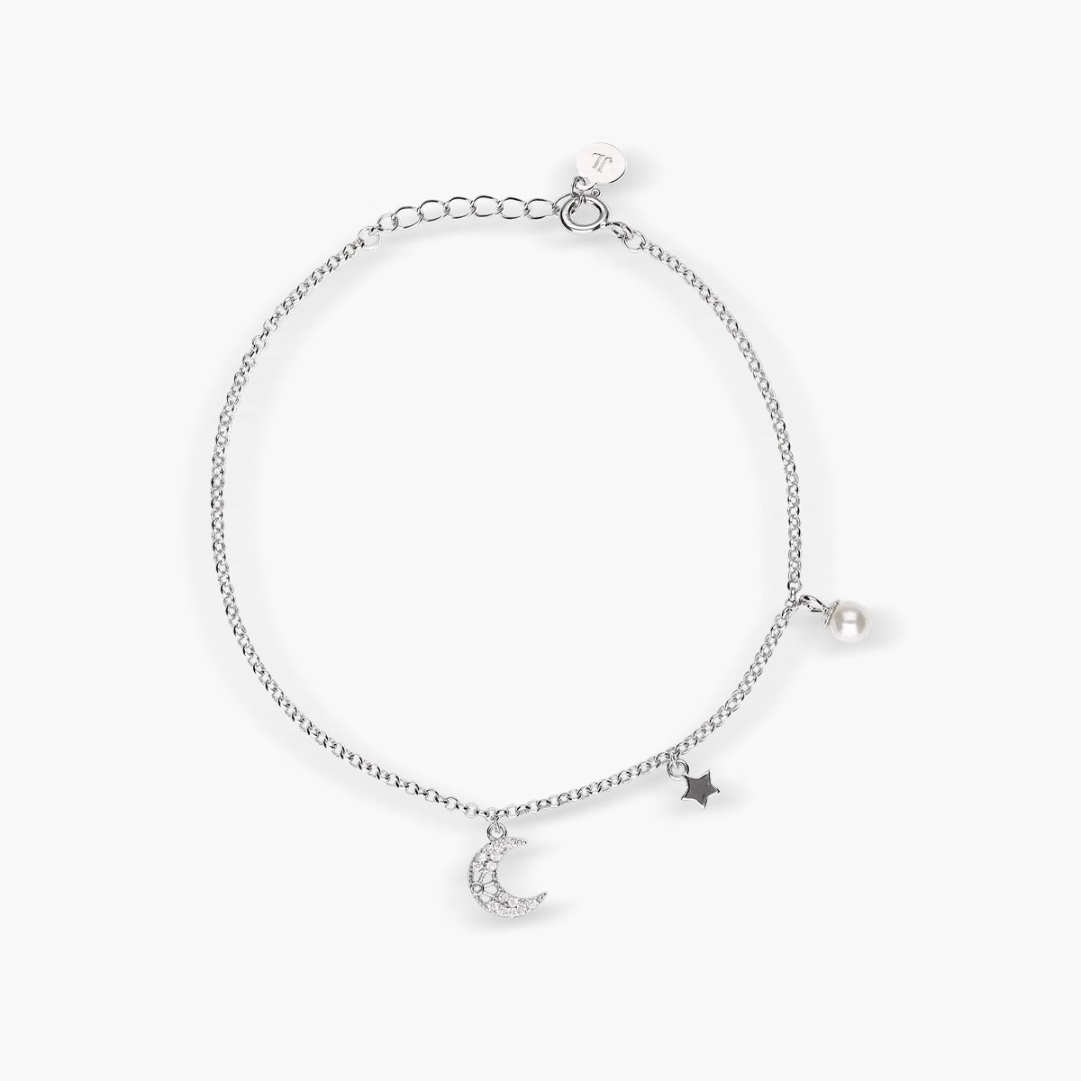 Pulsera de plata 1ª ley circonitas luna, estrella y perla 17-19 cm