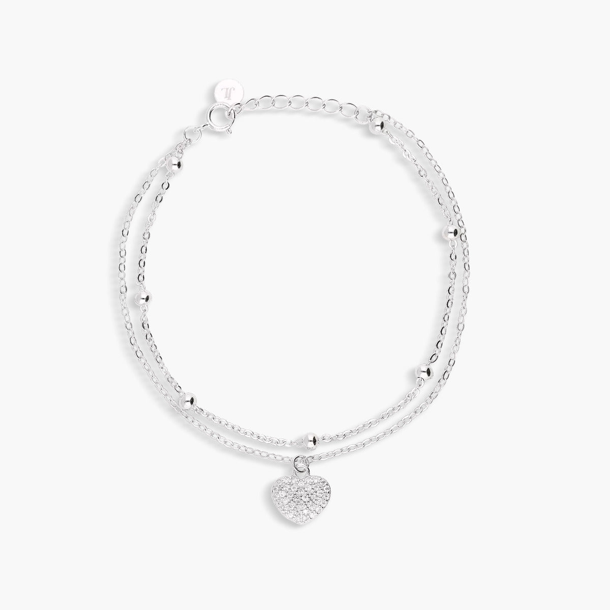 Pulsera de plata 1ª ley circonitas corazón y doble cadena 17-19 cm