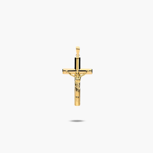 Cruz Cristo plana almendrada de oro 18K 21 mm