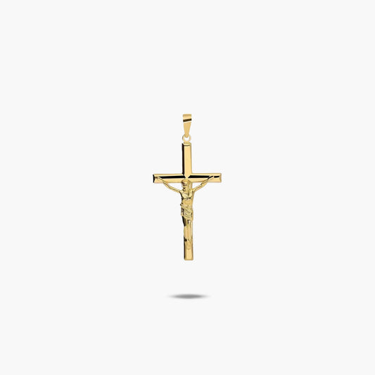 Cruz Cristo plana almendrada de oro 18K 29 mm