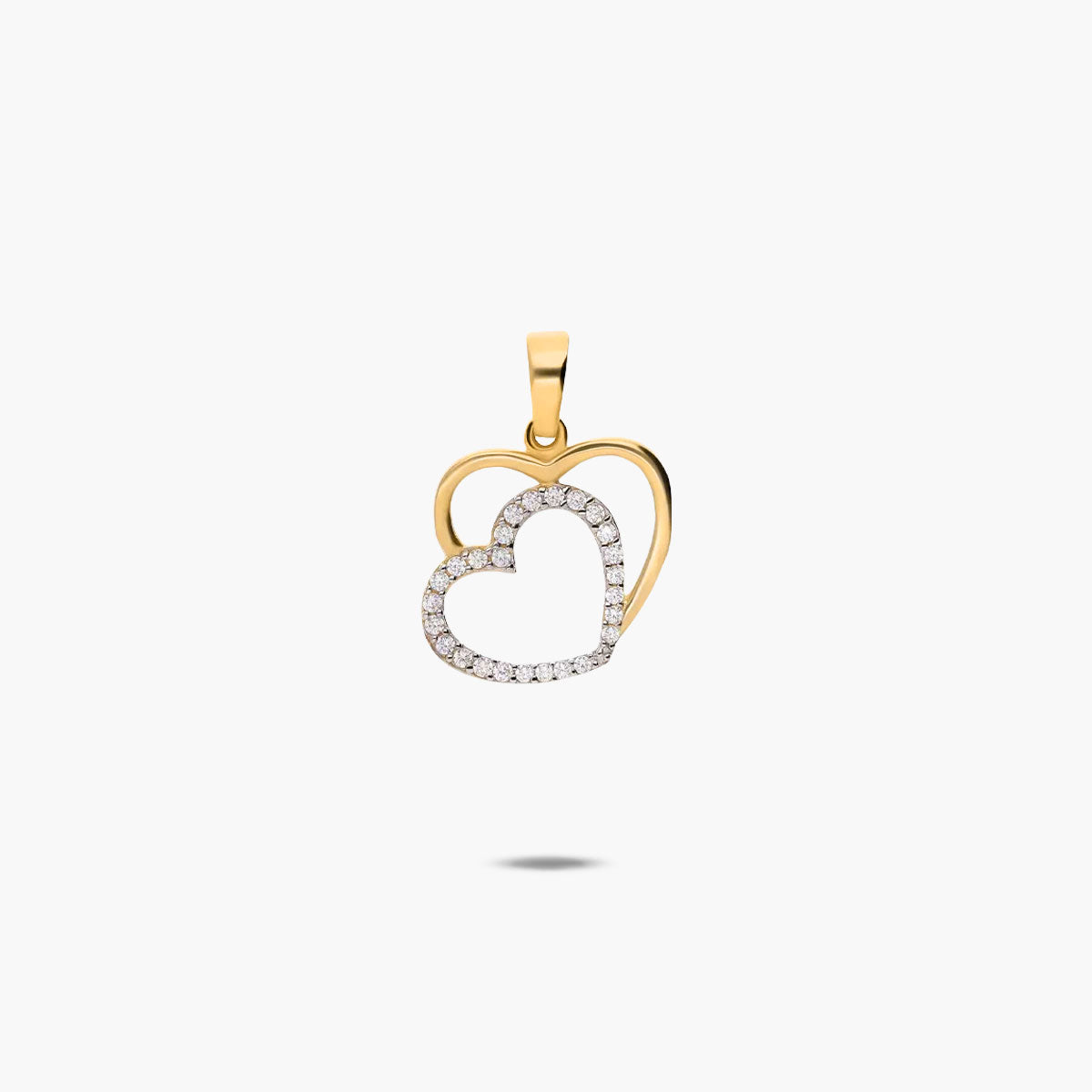 Colgante silueta corazón doble de oro bicolor 18K circonitas 13 mm
