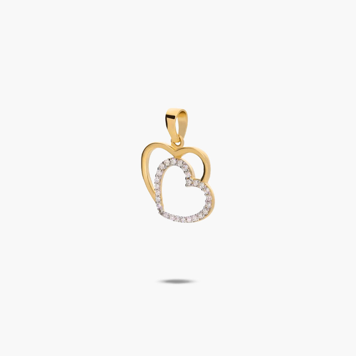 Colgante silueta corazón doble de oro bicolor 18K circonitas 13 mm
