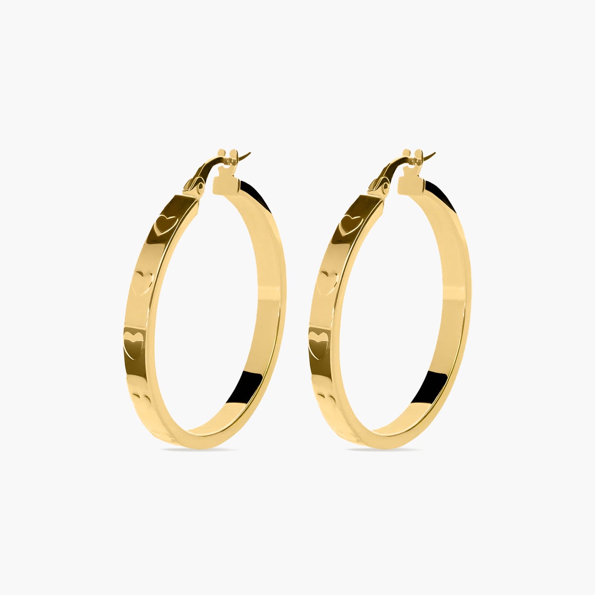 Pendientes de aro rectangulares corazones de oro 18K 30 mm
