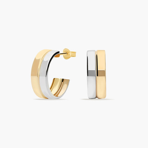Pendientes de aro banda de oro bicolor 18K 14 mm