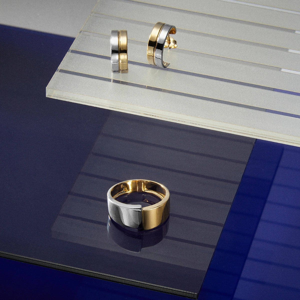 Pendientes de aro banda de oro bicolor 18K 14 mm