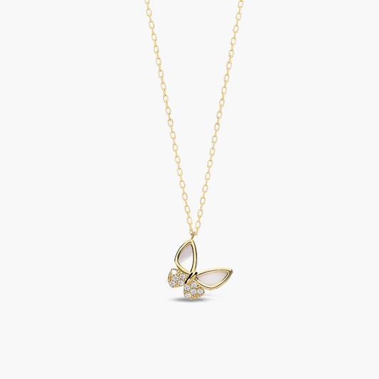 Collar mariposa de oro 18K nácar y circonitas 10 mm