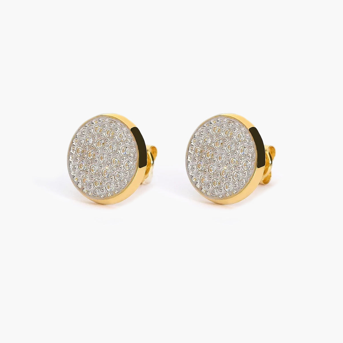 Pendientes redondos de oro bicolor 18K circonitas 11 mm