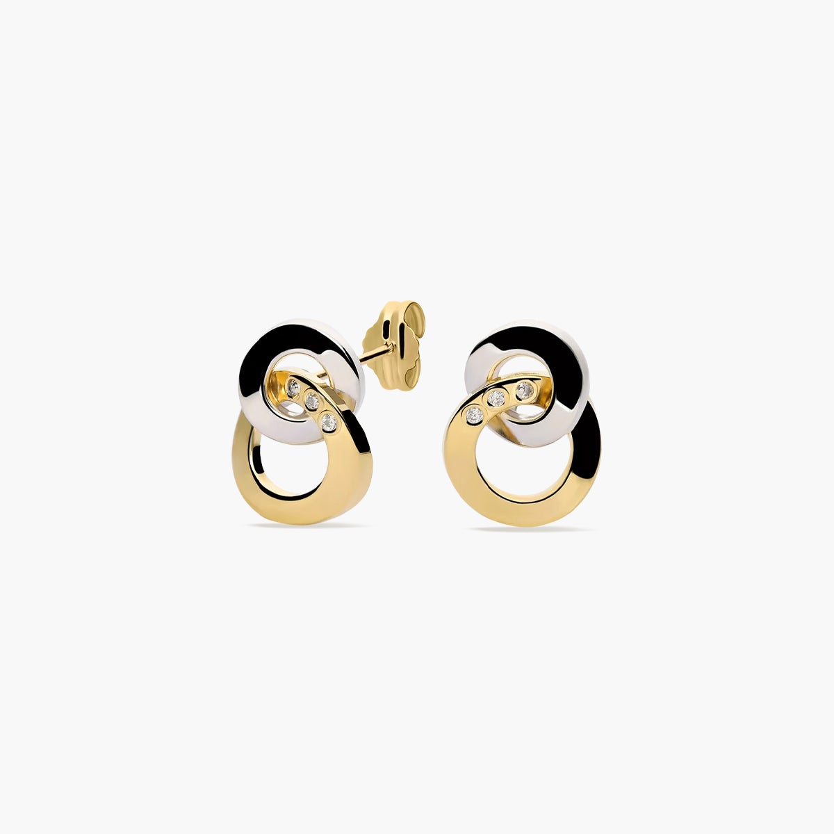 Pendientes doble círculo de oro bicolor 18K circonitas 13 mm