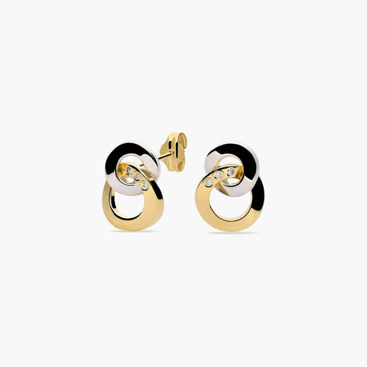 Pendientes doble círculo de oro bicolor 18K circonitas 13 mm