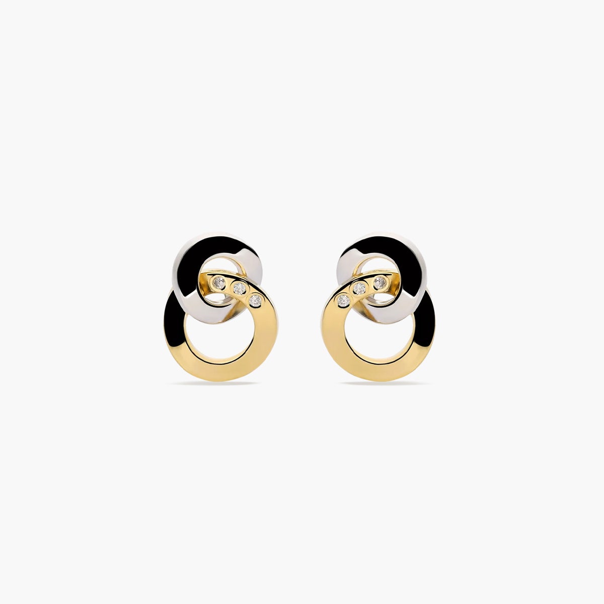 Pendientes doble círculo de oro bicolor 18K circonitas 13 mm
