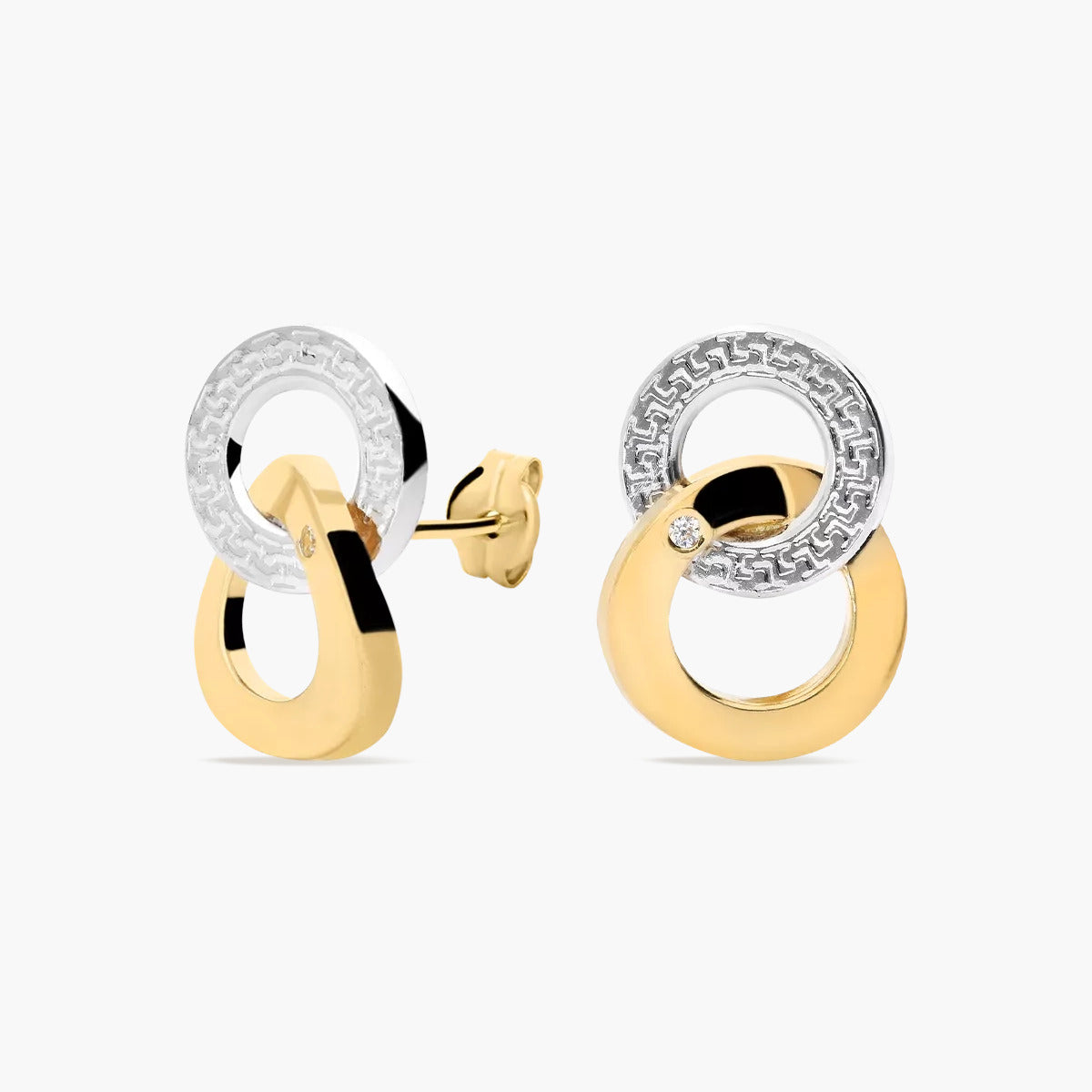 Pendientes doble círculo de oro bicolor 18K circonita 14 mm