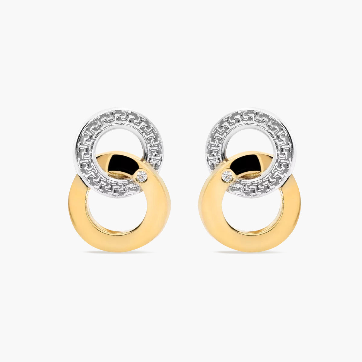 Pendientes doble círculo de oro bicolor 18K circonita 14 mm