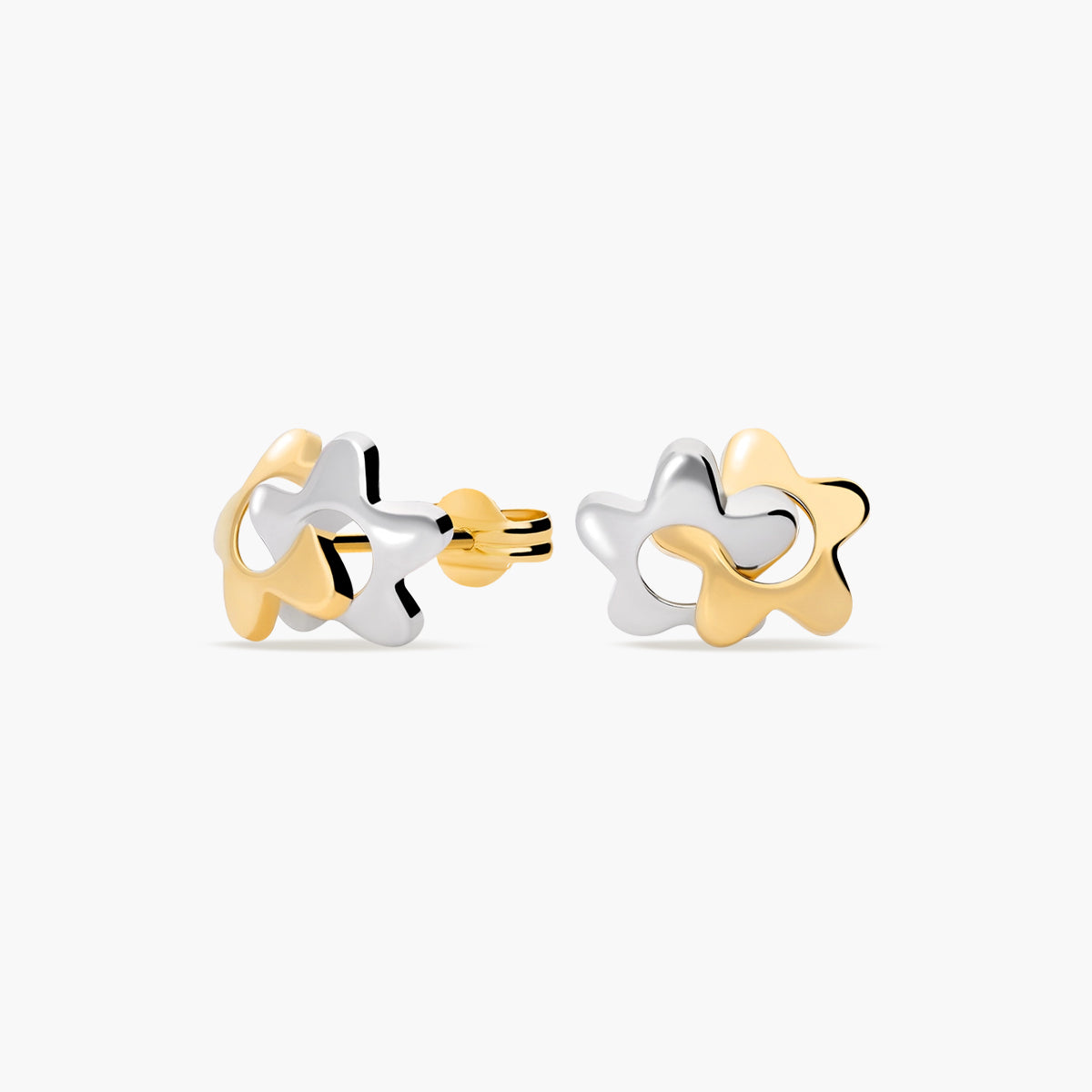 Pendientes doble estrella de oro bicolor 18K 10 mm