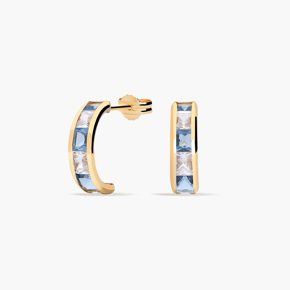 Pendientes de oro 18K circonitas azul y blanco tipo cinquillo 12 mm