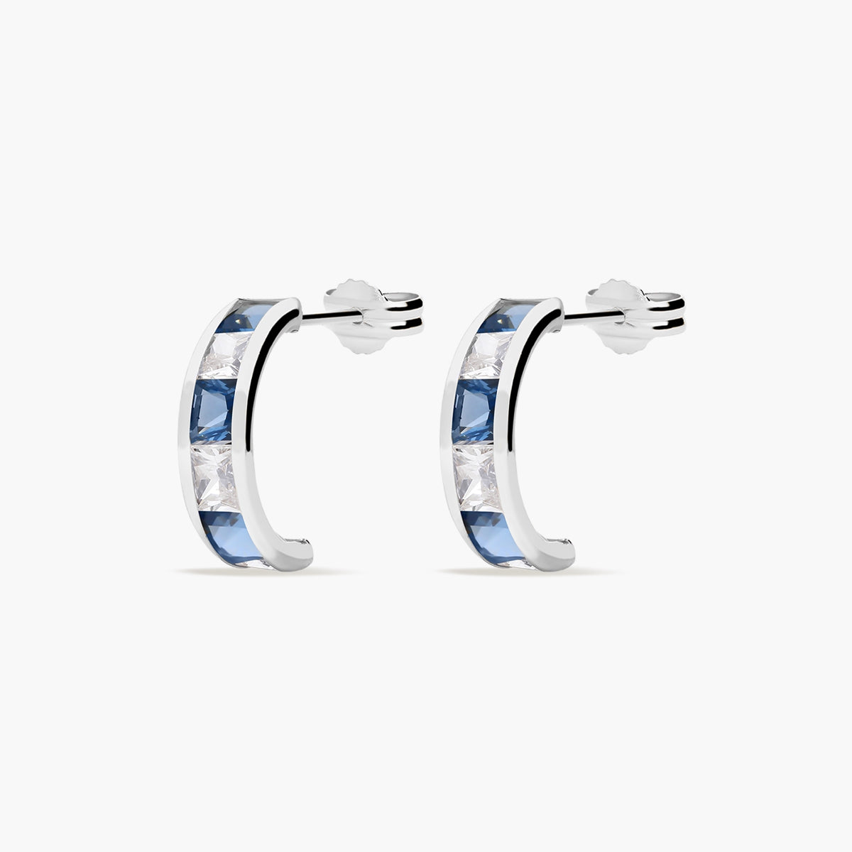 Pendientes de oro blanco 18K circonitas azul y blanco tipo cinquillo 12 mm