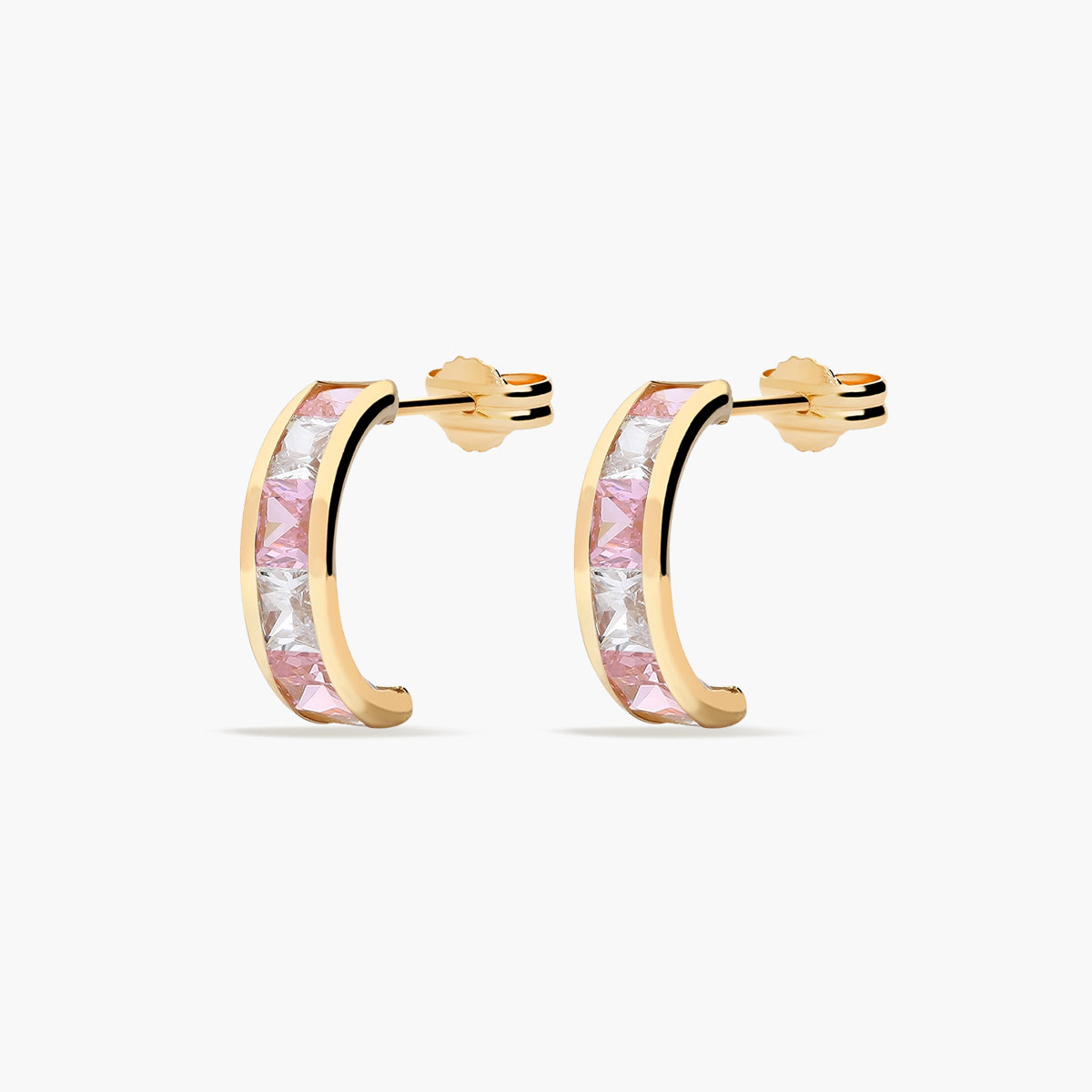 Pendientes de oro 18K circonitas rosa y blanco tipo cinquillo 12 mm