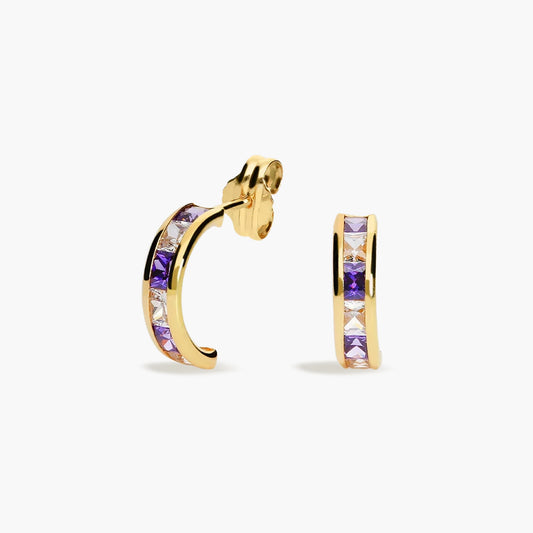 Pendientes de oro 18K circonitas violeta y rosa tipo cinquillo 12 mm