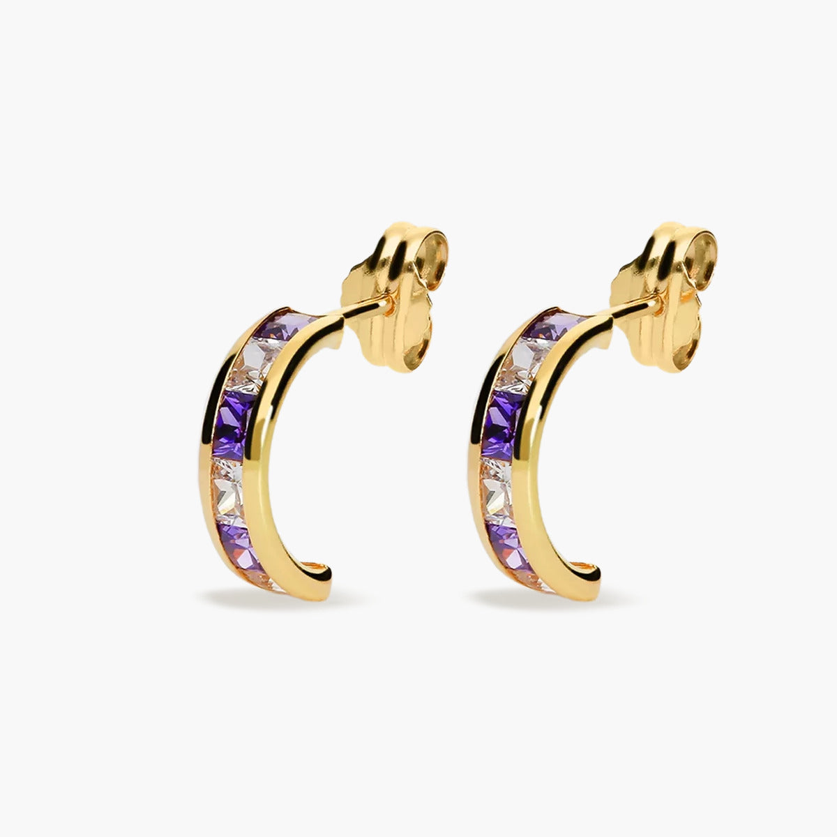 Pendientes de oro 18K circonitas violeta y rosa tipo cinquillo 12 mm