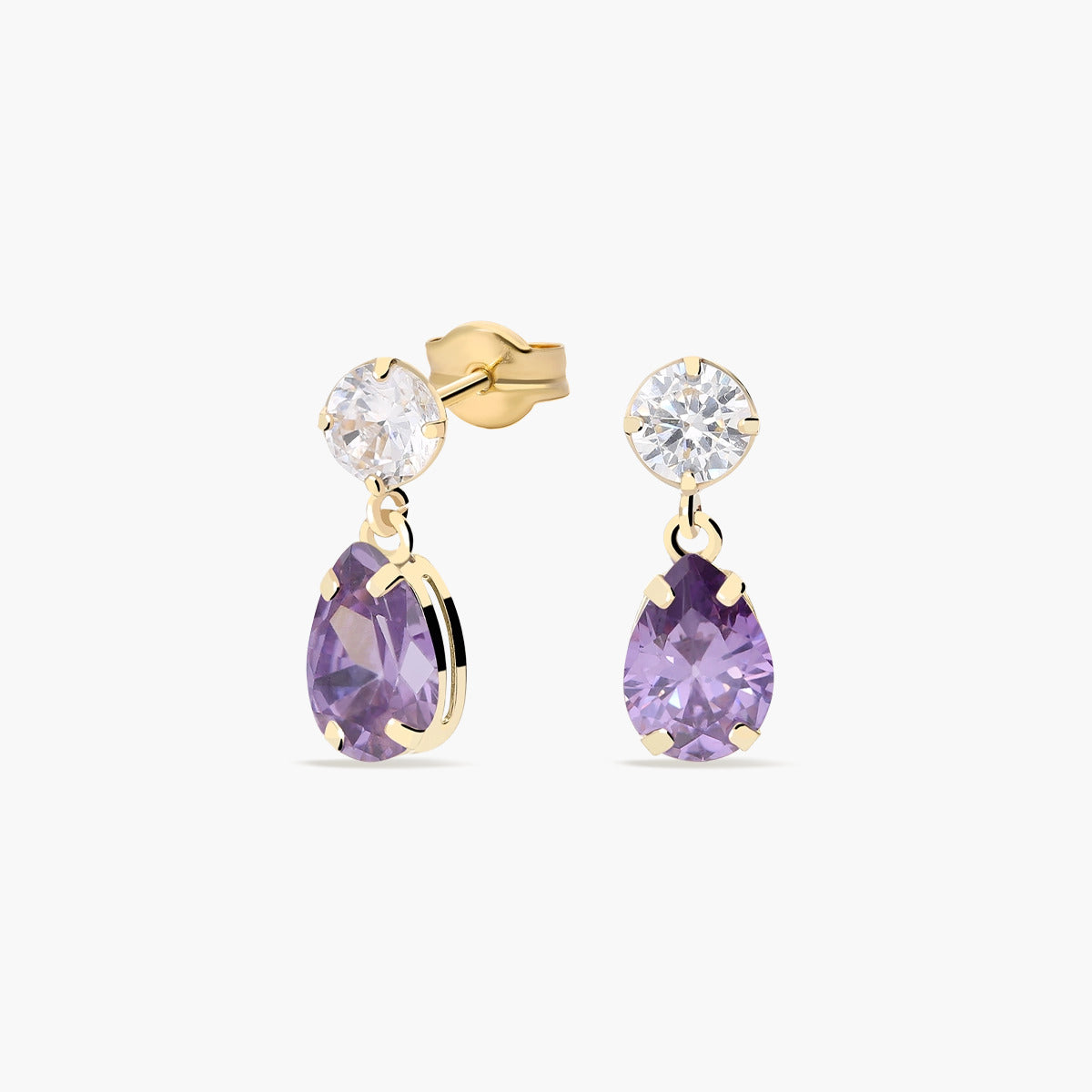 Pendientes largos de oro 18K circonitas violeta y blanca 13 mm