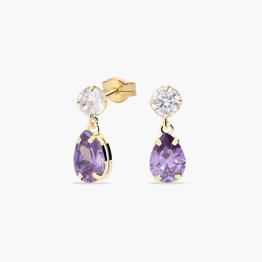 Pendientes largos de oro 18K circonitas violeta y blanca 13 mm