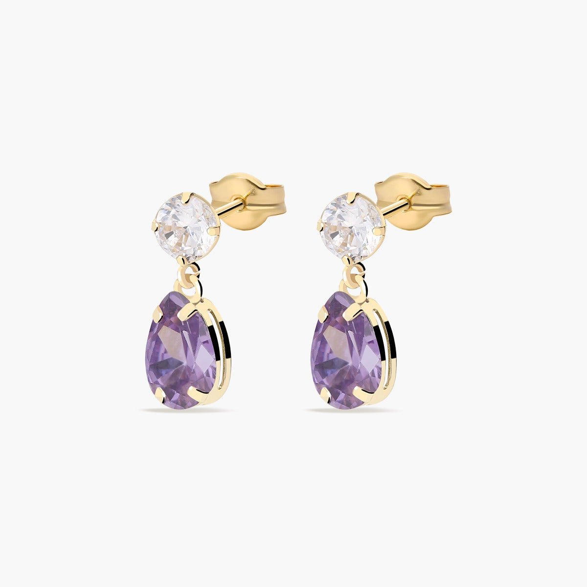 Pendientes largos de oro 18K circonitas violeta y blanca 13 mm