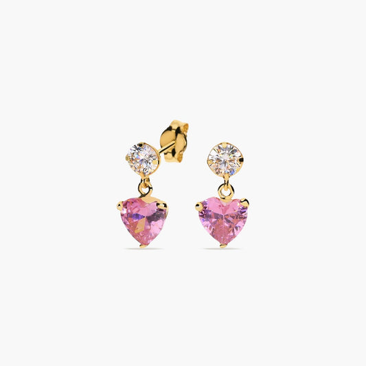Pendientes largos de oro 18K circonitas rosa y blanca 13 mm FEELINGS