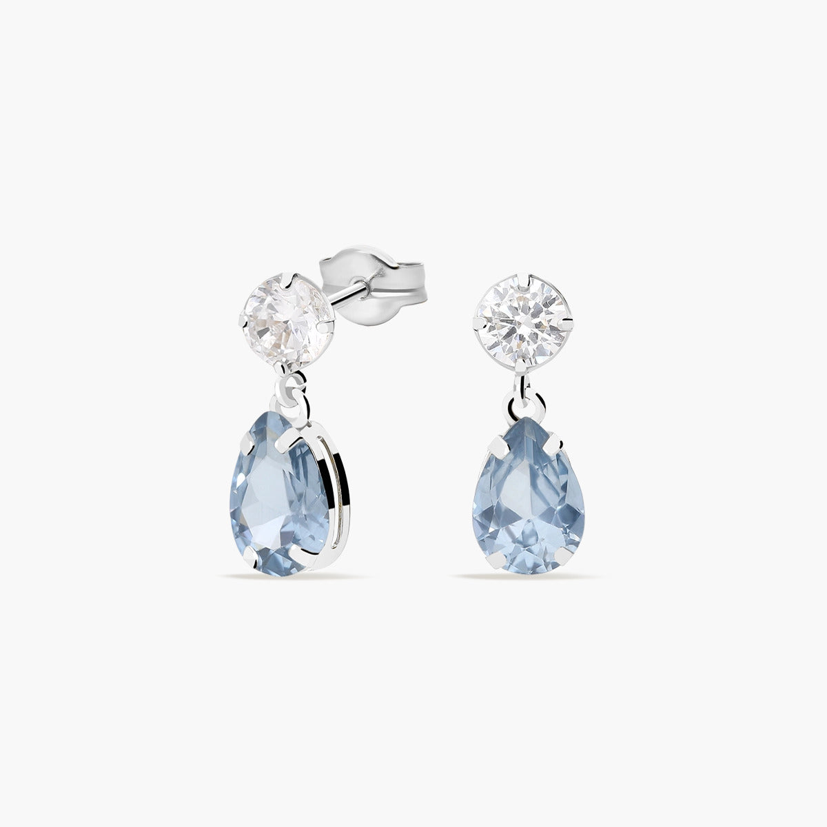 Pendientes largos de oro blanco 18K circonitas azul y blanco 13 mm