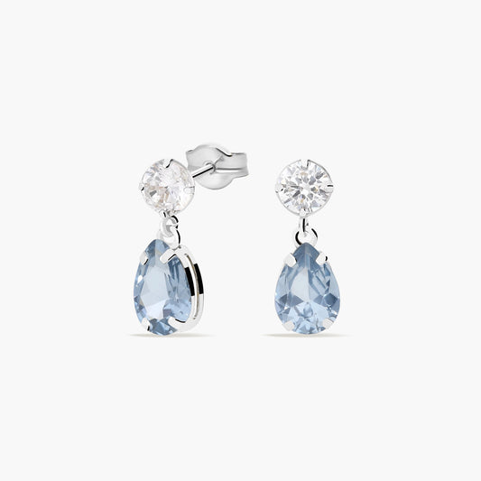 Pendientes largos de oro blanco 18K circonitas azul y blanco 13 mm
