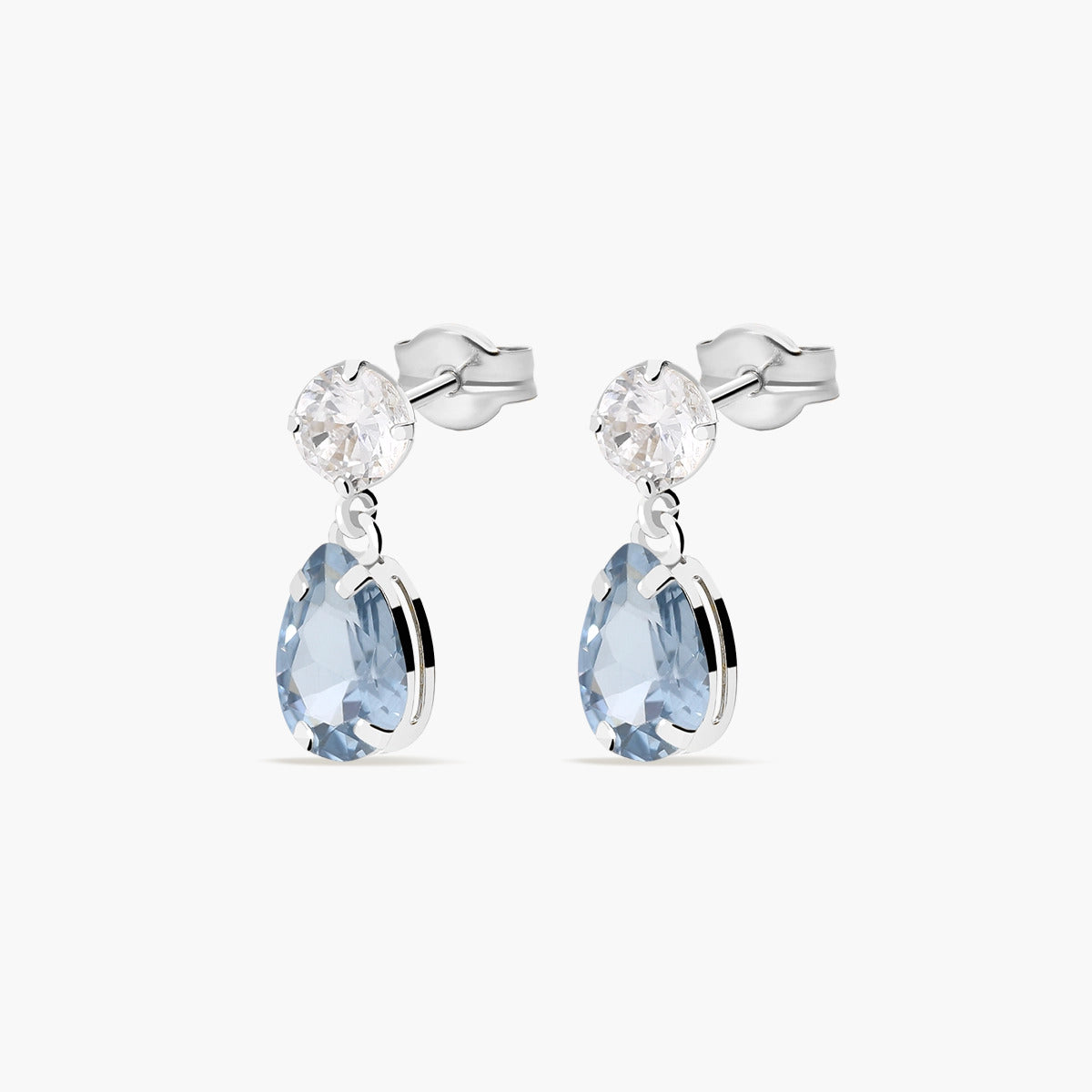 Pendientes largos de oro blanco 18K circonitas azul y blanco 13 mm
