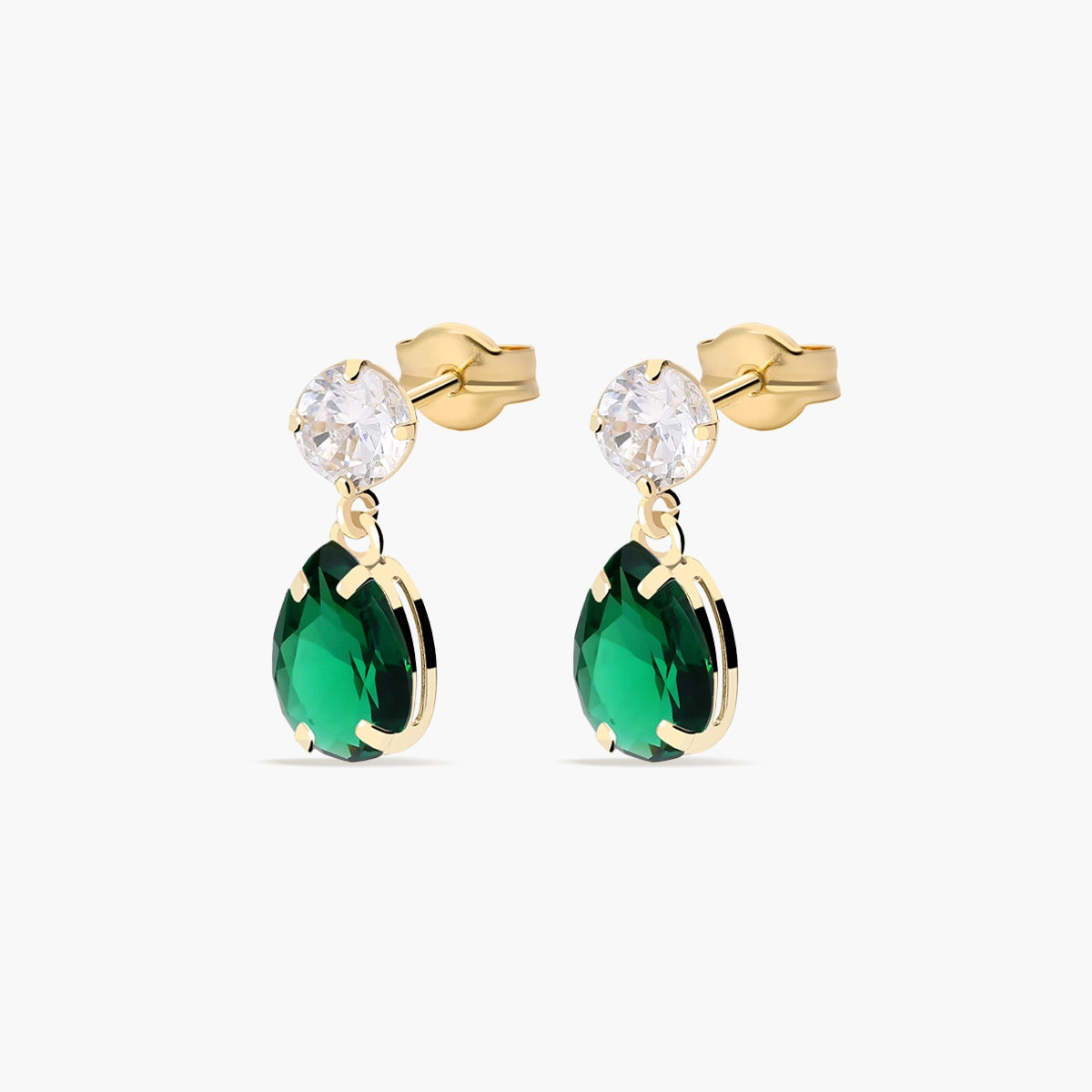 Pendientes largos de oro 18K circonitas verde y blanco 13 mm