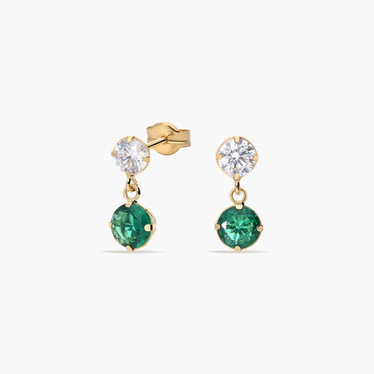 Pendientes largos de oro 18K circonitas verde y blanca 12 mm