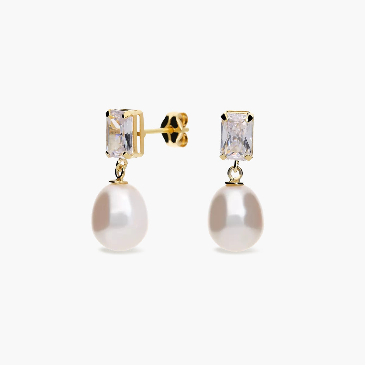 Pendientes largos de oro 18K con perlas y circonita 17 mm