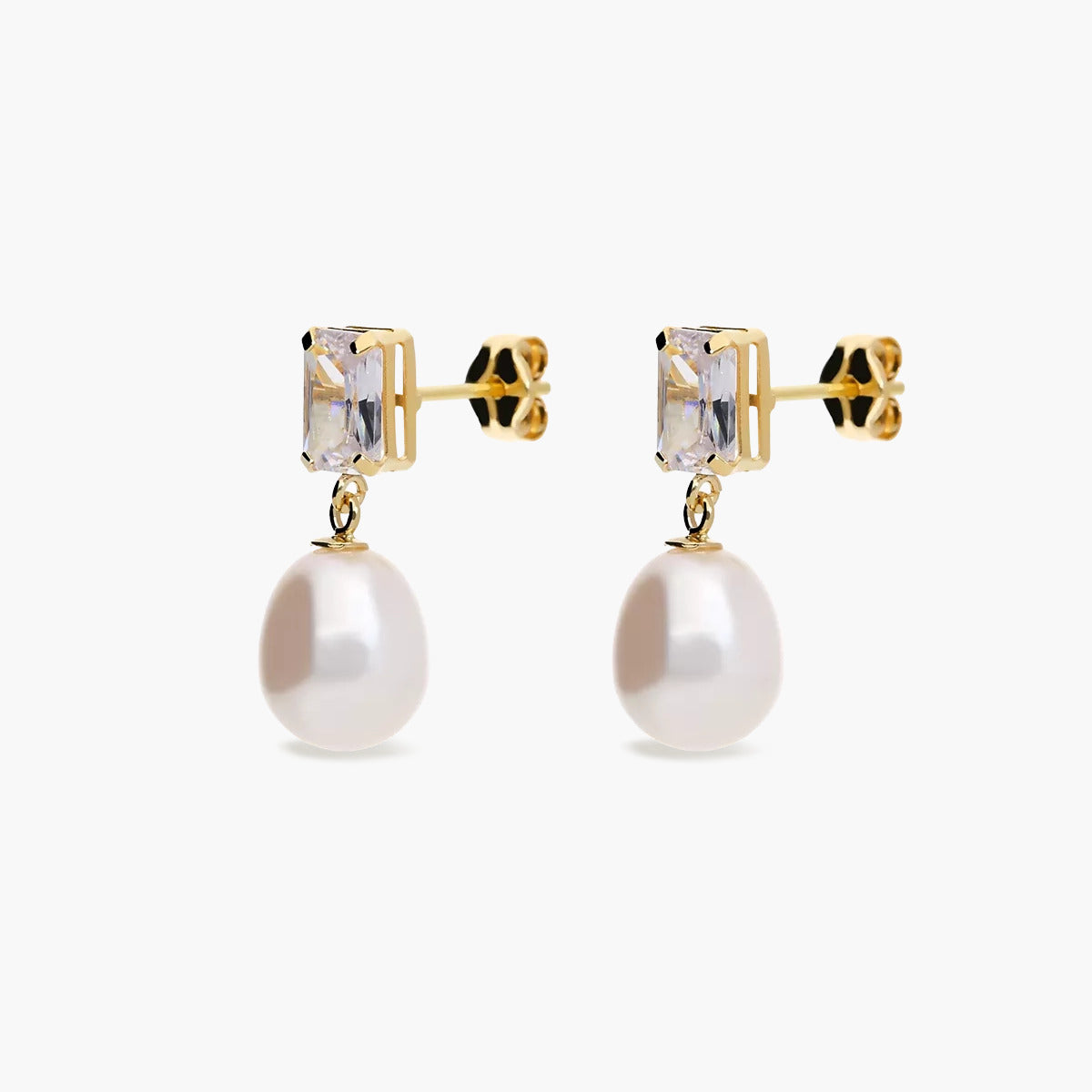 Pendientes largos de oro 18K con perlas y circonita 17 mm