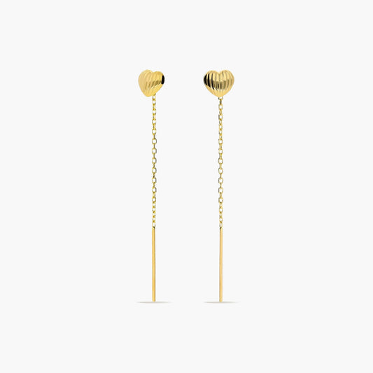 Pendientes largos corazón de oro 18K 50 mm