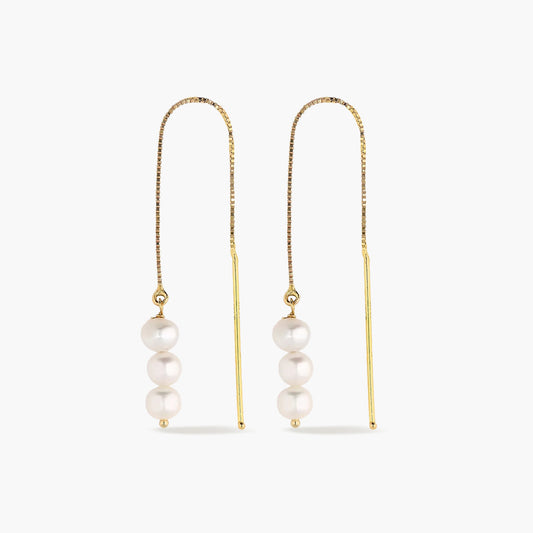 Pendientes largos de oro 18K con perlas 80 mm