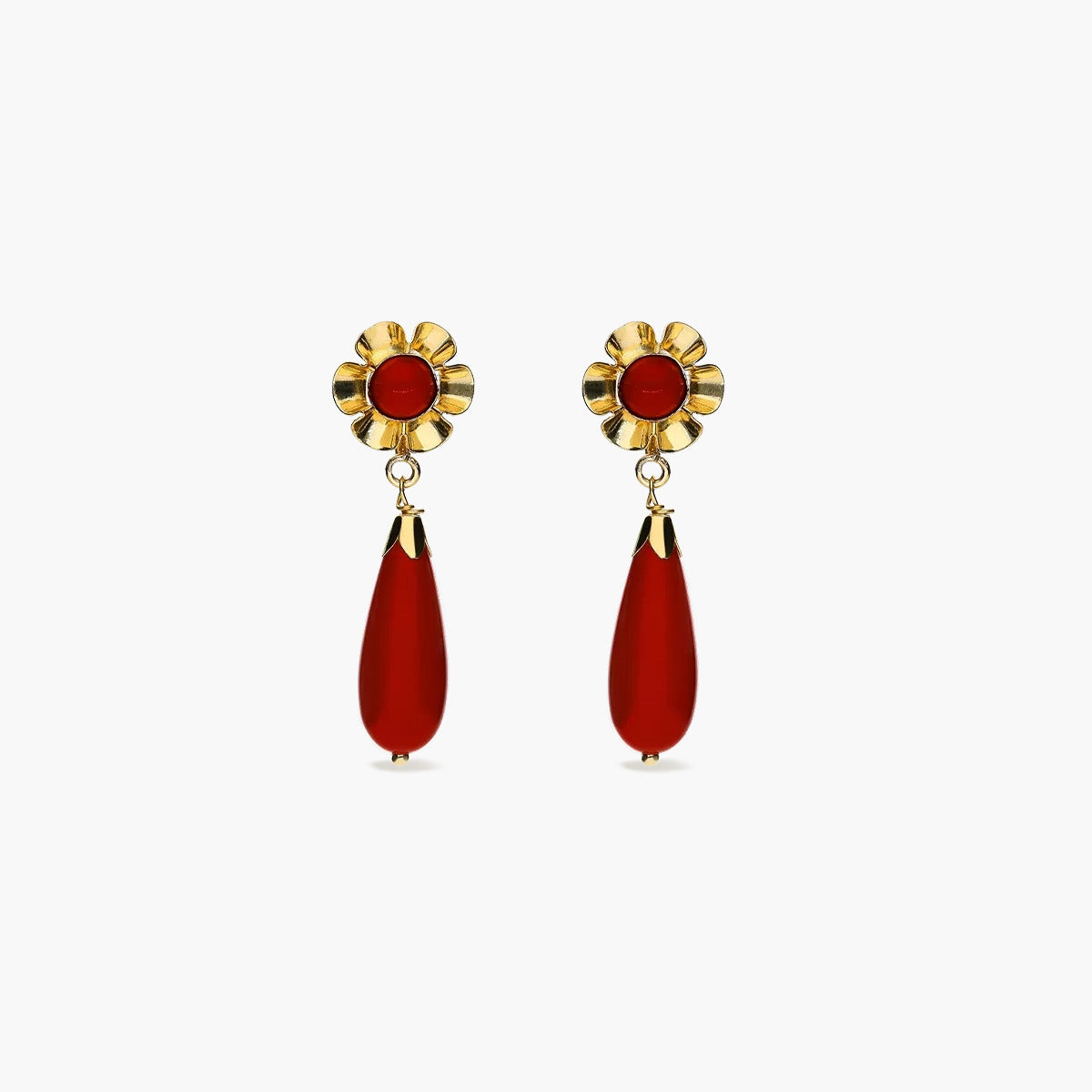 Pendientes largos flor de oro 18K coral 28 mm