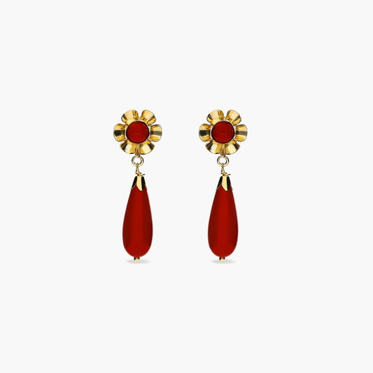 Pendientes largos flor de oro 18K coral 28 mm