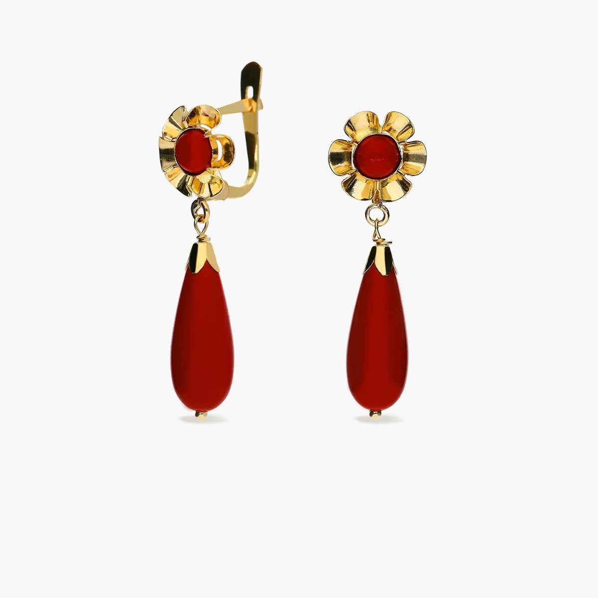 Pendientes largos flor de oro 18K coral 28 mm
