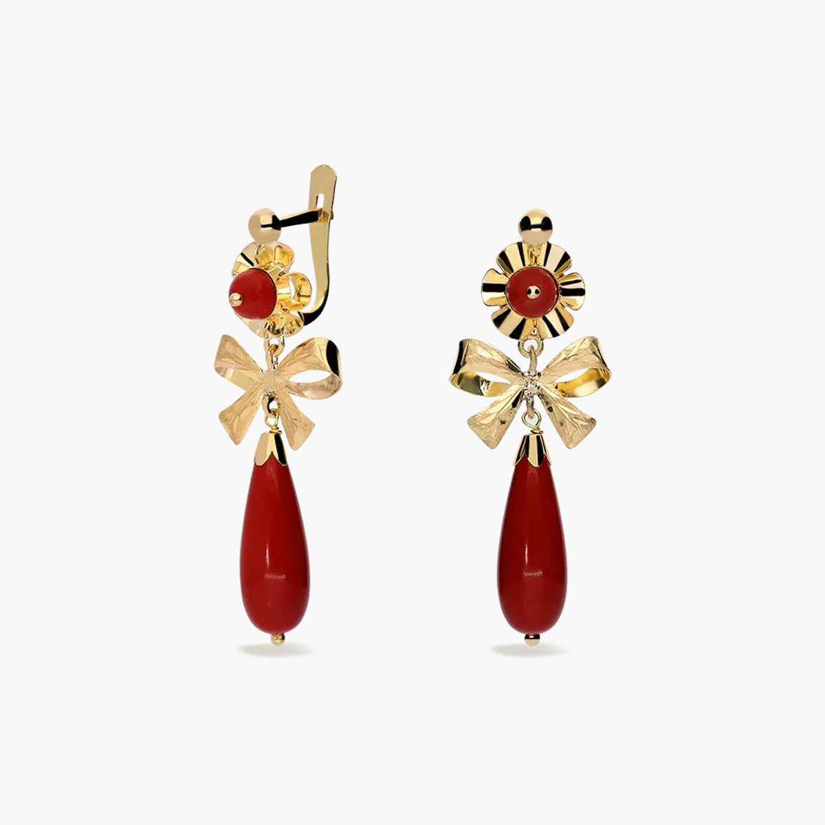 Pendientes largos lazo de oro 18K coral 37 mm