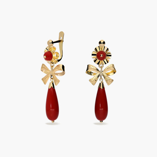 Pendientes largos lazo de oro 18K coral 37 mm