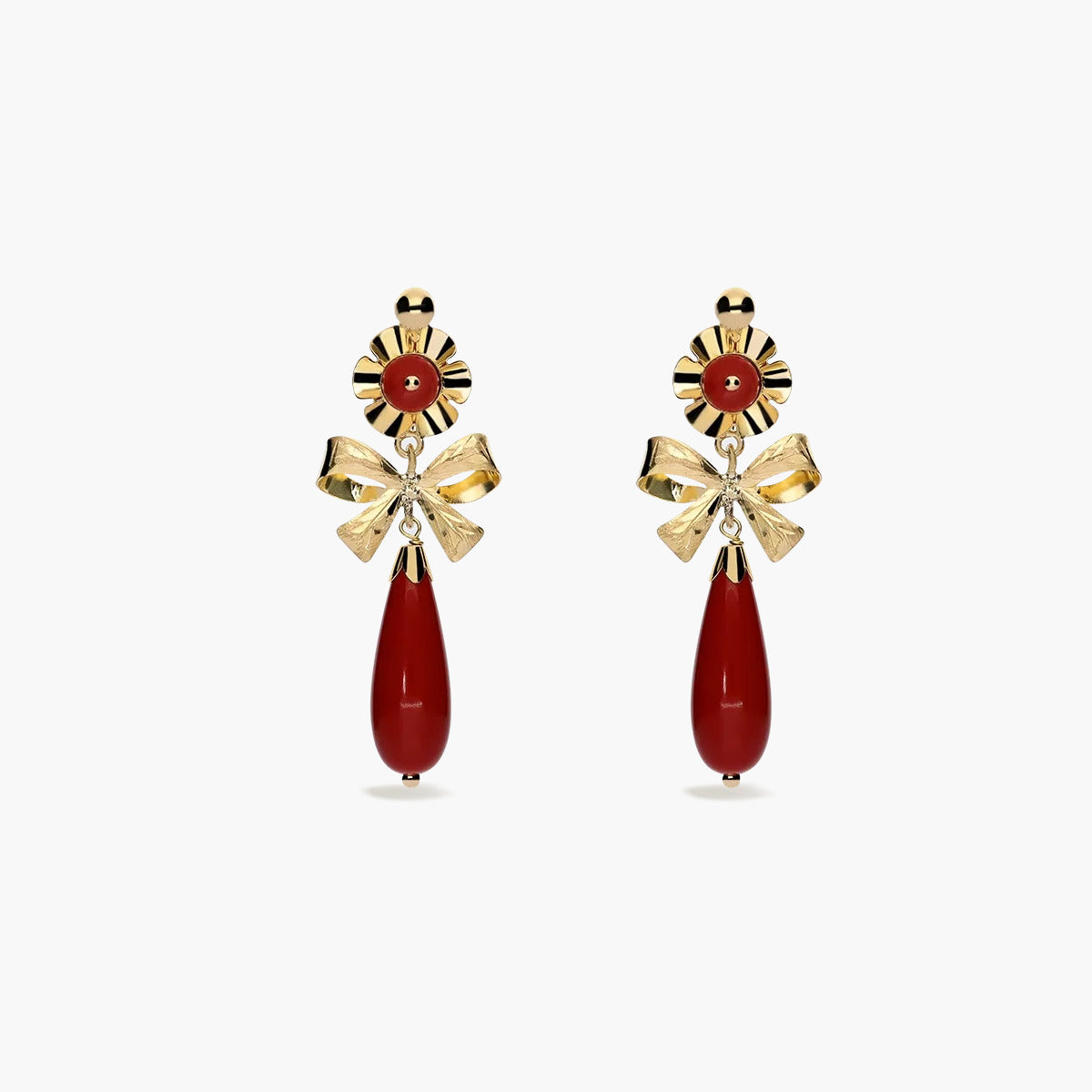 Pendientes largos lazo de oro 18K coral 37 mm
