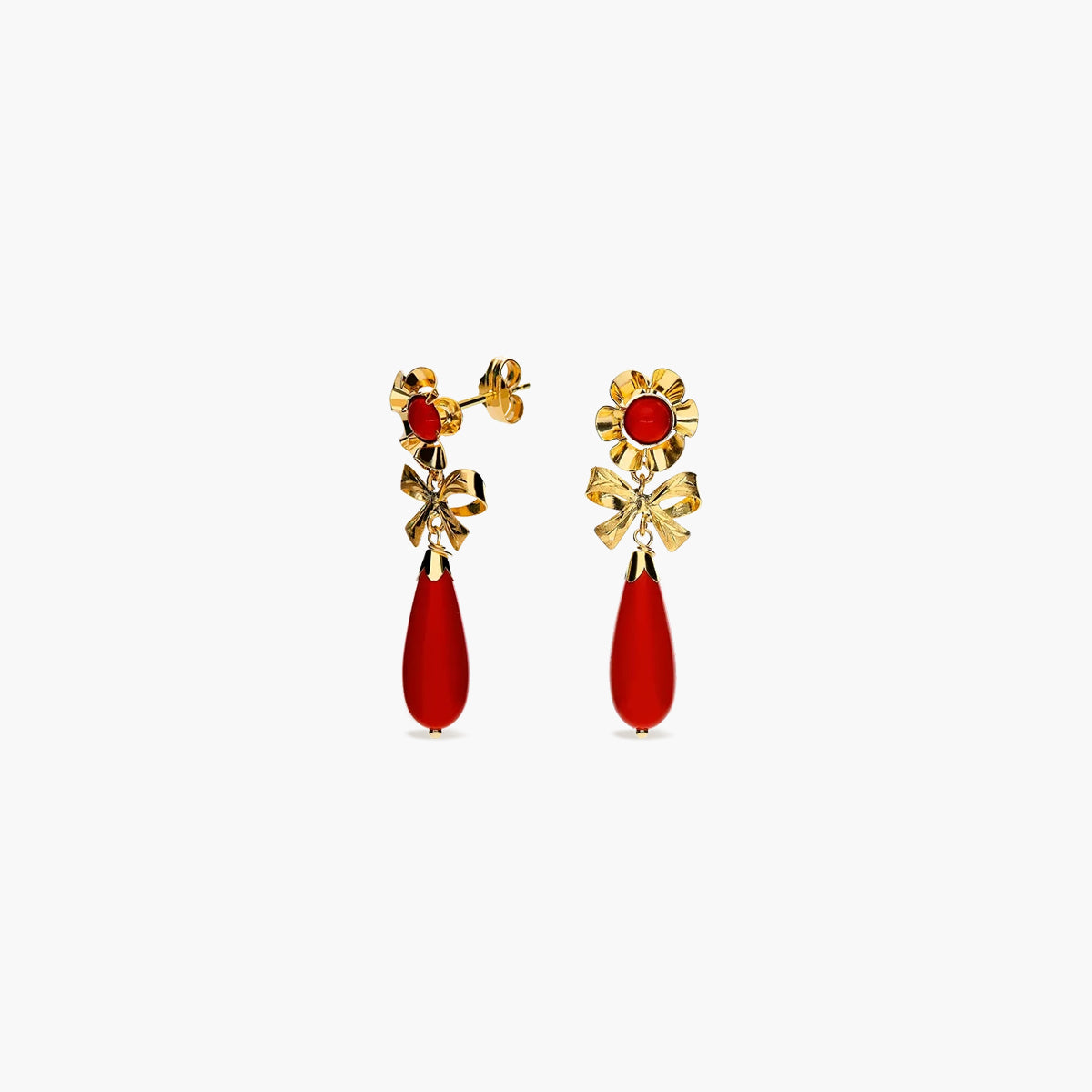 Pendientes largos lazo de oro 18K coral 28 mm