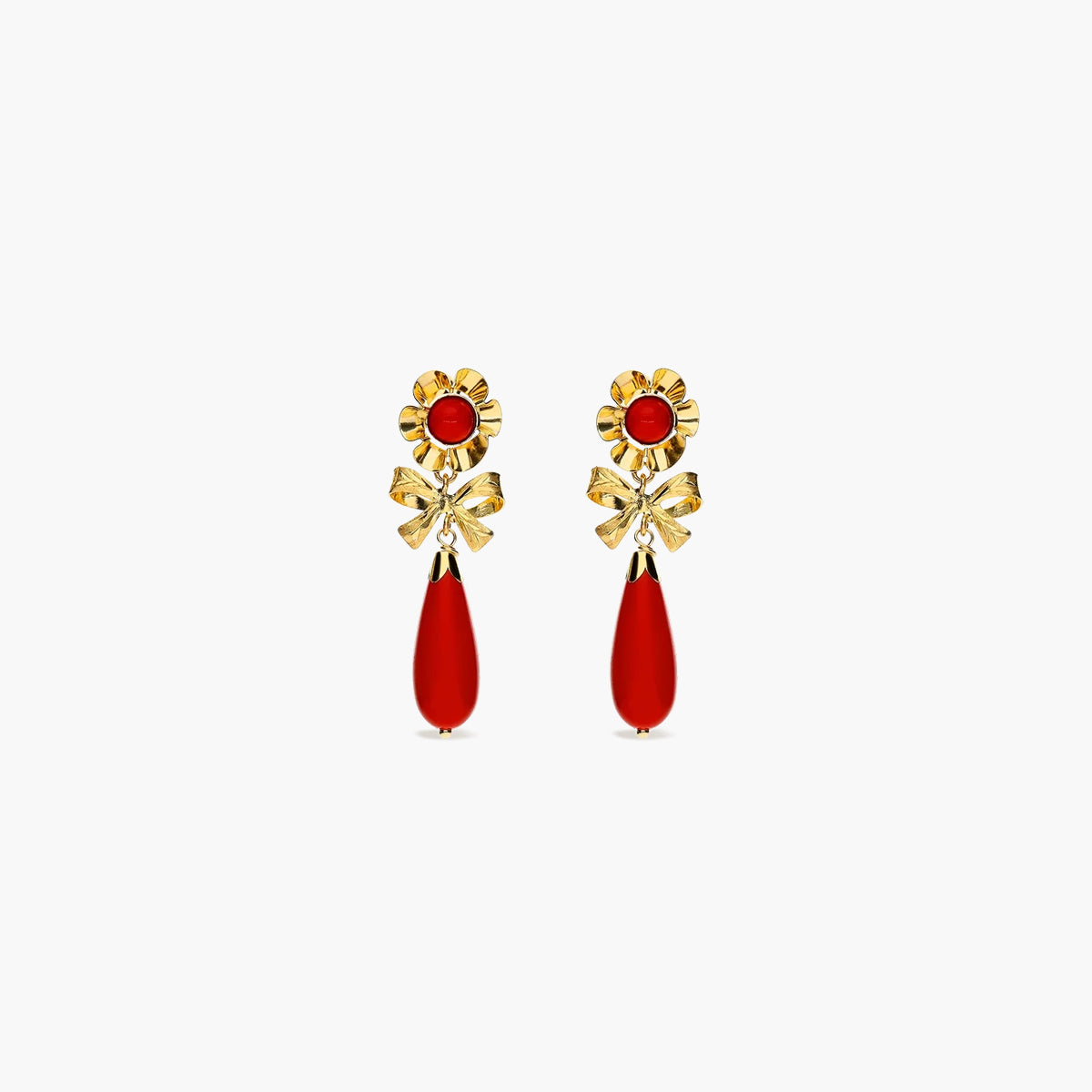 Pendientes largos lazo de oro 18K coral 28 mm