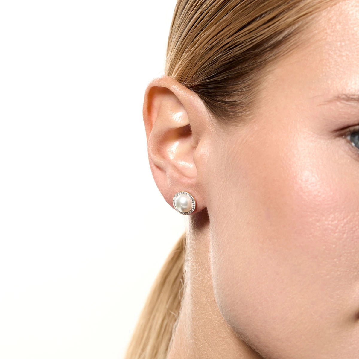 Pendientes redondos de oro bicolor 18K con perlas 10 mm
