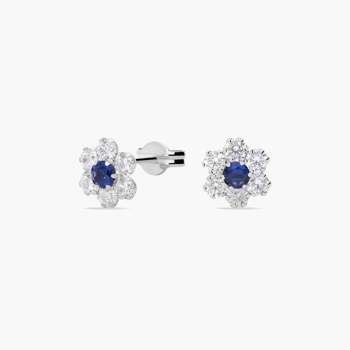 Pendientes de oro blanco 18K circonitas azul y blanco 7 mm
