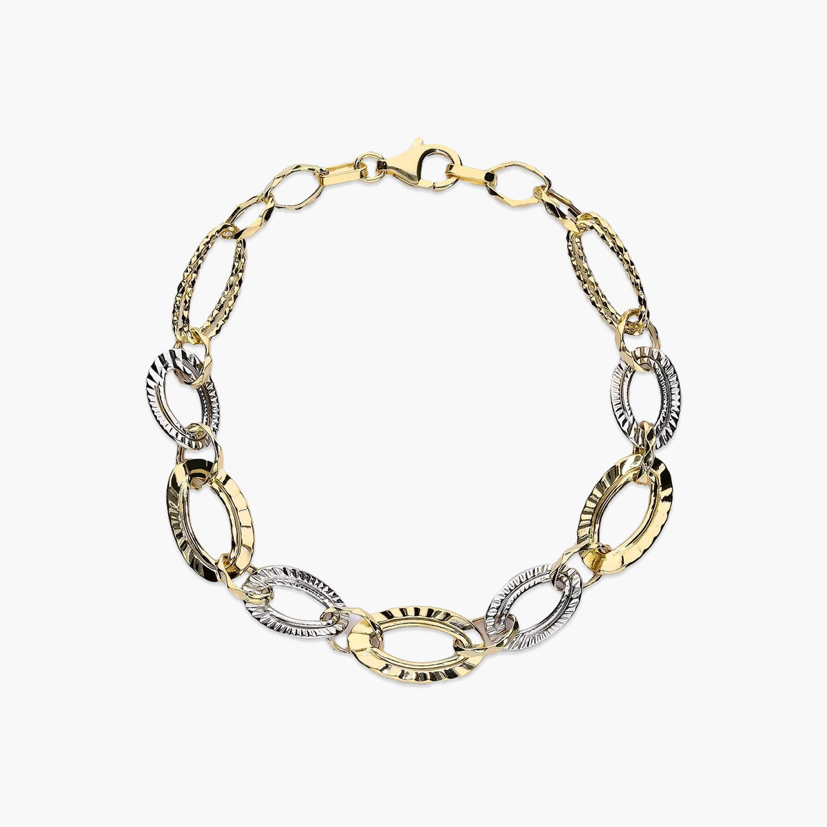 Pulsera de oro bicolor 18K eslabón anillas 19 cm